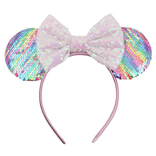 Foeran Mouse Ears Headbands Shiny Bows Mouse Ears Glitter Party Princess Decoration Cosplay Costume for Girls Women (Sequin rainbow-1) - Image 1