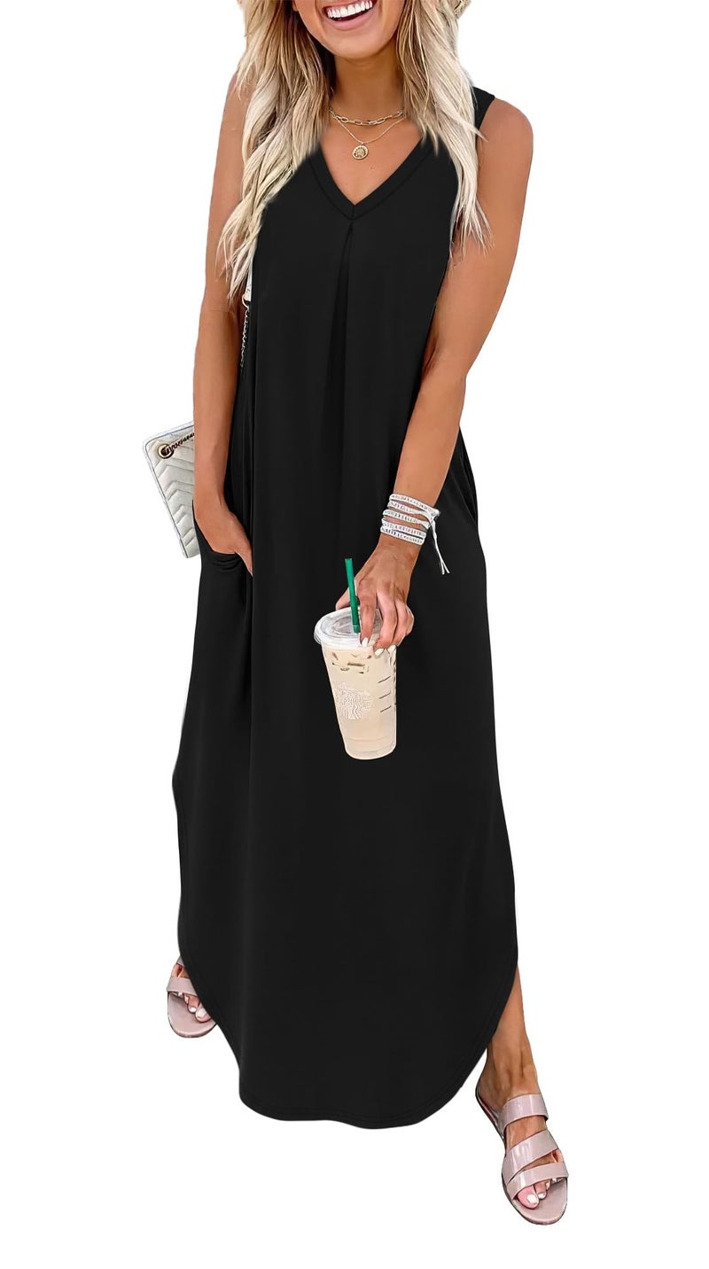 OFEEFAN Plus Size Spring Sleeveless Dresses for Women V Neck Maxi Dress Loose Fit Sundresses with Pockets Beach Vacation Essentials A-Black XXL - Image 1