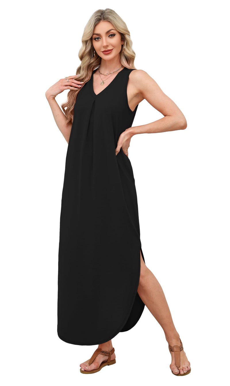 OFEEFAN Plus Size Spring Sleeveless Dresses for Women V Neck Maxi Dress Loose Fit Sundresses with Pockets Beach Vacation Essentials A-Black XXL - Image 4