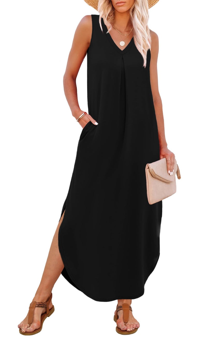 OFEEFAN Plus Size Spring Sleeveless Dresses for Women V Neck Maxi Dress Loose Fit Sundresses with Pockets Beach Vacation Essentials A-Black XXL - Image 2