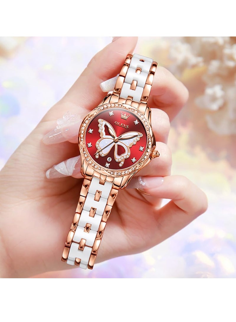 OLEVS Women's Elegant Stainless Steel Ceramic Two-tone Bracelet Waterproof Luminous Watch 5610 - Image 2