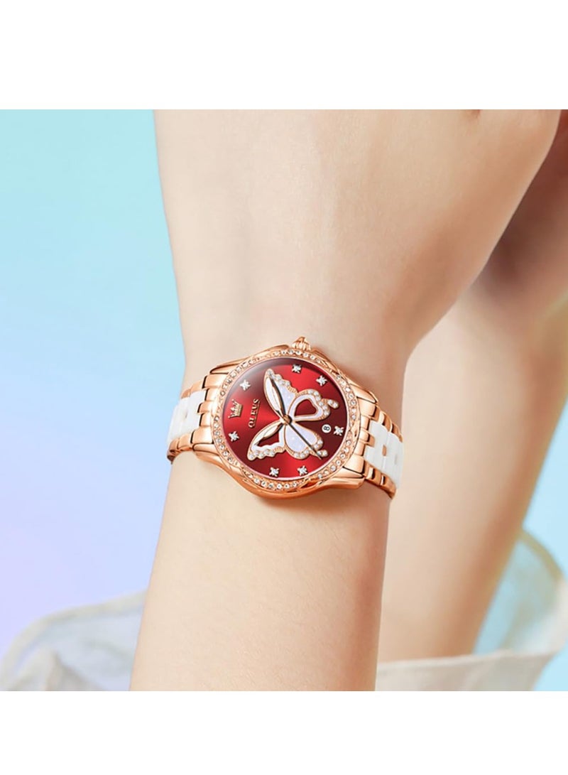 OLEVS Women's Elegant Stainless Steel Ceramic Two-tone Bracelet Waterproof Luminous Watch 5610 - Image 3