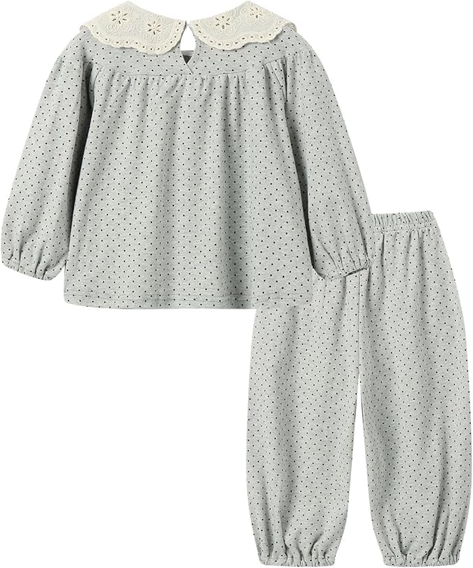 Mud Kingdom Toddler Girls Pajamas Set Long Sleeve Cute Polka Dots Sleepwear with Lace Peter Pan Collar 2-Piece Gray 3T - Image 2