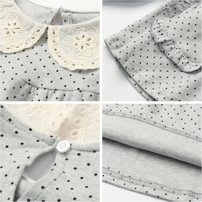 Mud Kingdom Toddler Girls Pajamas Set Long Sleeve Cute Polka Dots Sleepwear with Lace Peter Pan Collar 2-Piece Gray 3T - Image 4