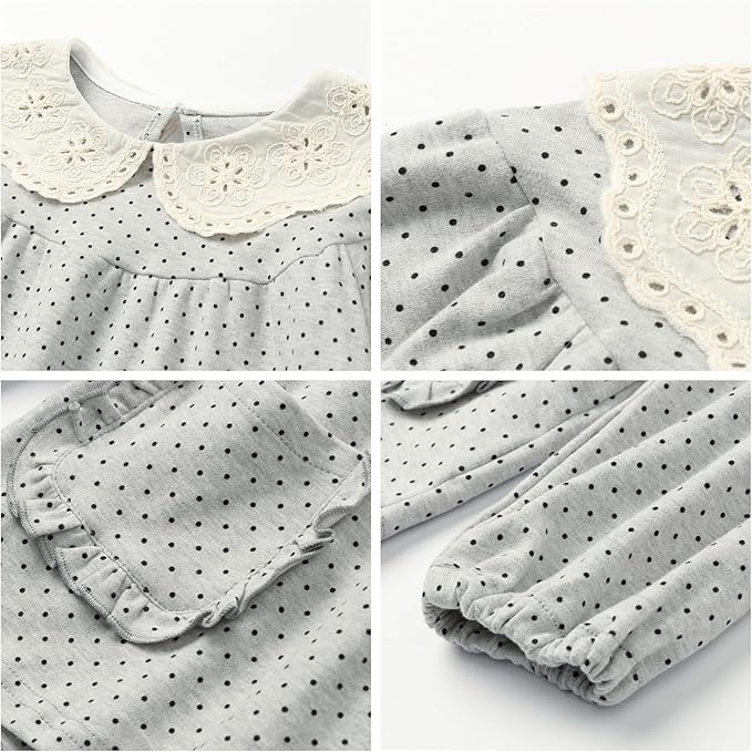 Mud Kingdom Toddler Girls Pajamas Set Long Sleeve Cute Polka Dots Sleepwear with Lace Peter Pan Collar 2-Piece Gray 3T - Image 3