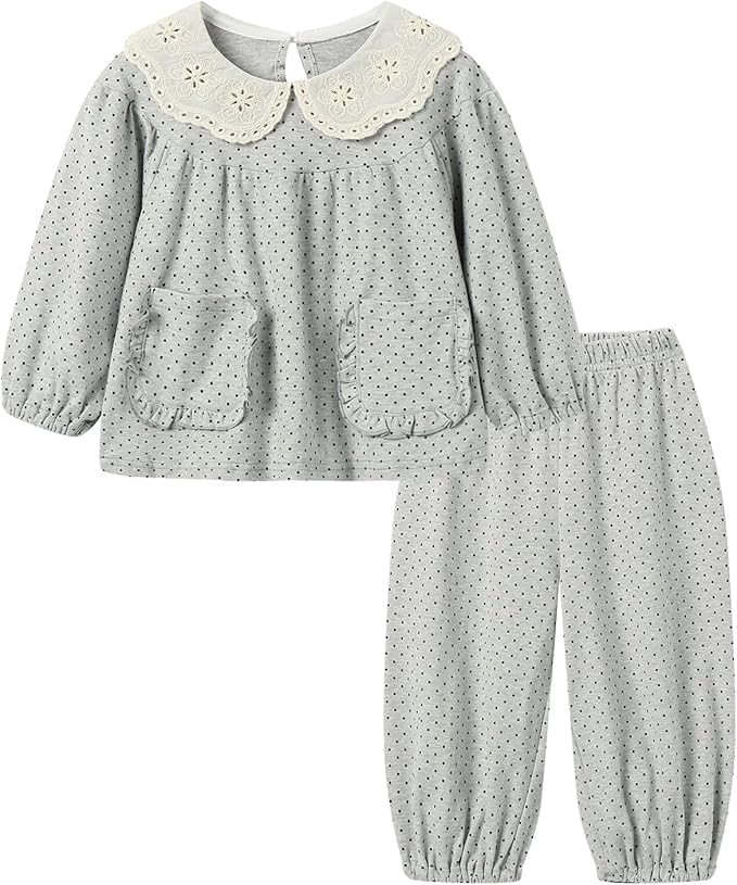 Mud Kingdom Toddler Girls Pajamas Set Long Sleeve Cute Polka Dots Sleepwear with Lace Peter Pan Collar 2-Piece Gray 3T - Image 1