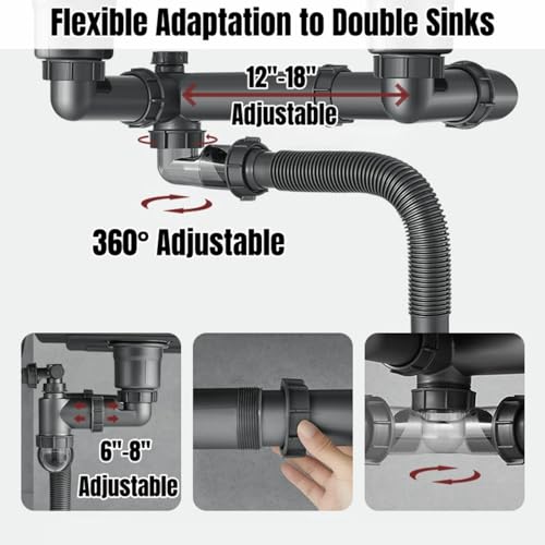 COLDDD Expandable Flexible 1 1/2" or 1 1/4" Pipe kit for Double Kitchen Sink, All-In-One-Drain Kit for Double Bowl Sinks, Space saving, Suitable for Kitchen, Bathroom, Restroom - Image 2