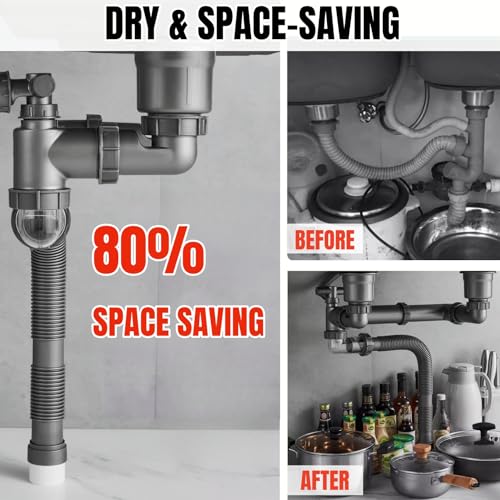 COLDDD Expandable Flexible 1 1/2" or 1 1/4" Pipe kit for Double Kitchen Sink, All-In-One-Drain Kit for Double Bowl Sinks, Space saving, Suitable for Kitchen, Bathroom, Restroom - Image 4