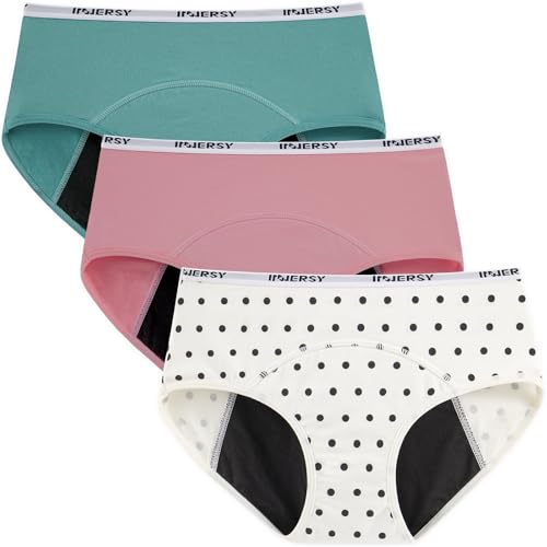 INNERSY Period Underwear for Teens Girls Cotton Leak-Proof Menstrual Panties 3-Pack(Refreshing Blue Pink Polka Dots,XL(14-16 yrs)) - Image 1