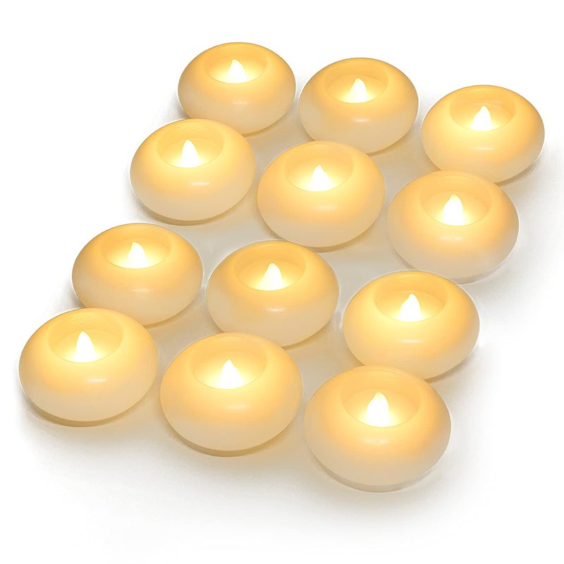 Homemory 3 Inch Flameless Floating Candles White Real Wax 100 Hour Battery Flickering Waterproof TealightsWedding Centerpiece Engagement Dinner Parties Beach Parties Home Decor Set of 12
