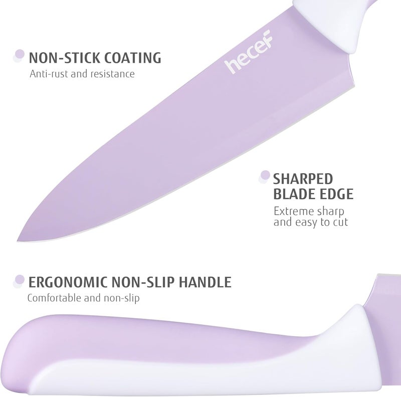hecef 15 Pieces Kitchen Knife Set with Built-in Sharpening Wooden Block, Dishwasher Safe, High Carbon Stainless Steel Knife Block Set with Steak Knives, Kitchen Scissors, Purple - Image 3