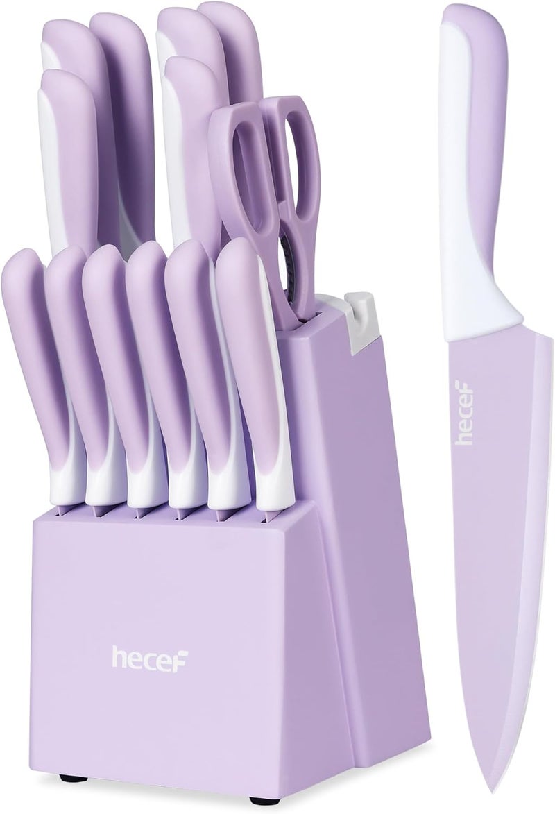 hecef 15 Pieces Kitchen Knife Set with Built-in Sharpening Wooden Block, Dishwasher Safe, High Carbon Stainless Steel Knife Block Set with Steak Knives, Kitchen Scissors, Purple - Image 1