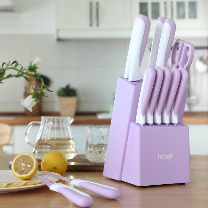 hecef 15 Pieces Kitchen Knife Set with Built-in Sharpening Wooden Block, Dishwasher Safe, High Carbon Stainless Steel Knife Block Set with Steak Knives, Kitchen Scissors, Purple - Image 5