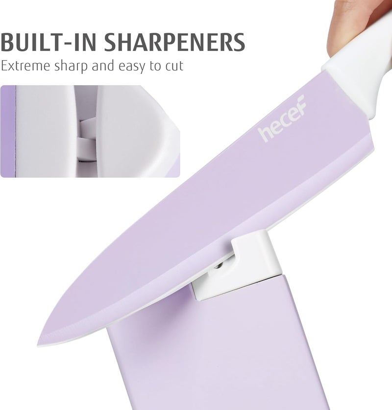 hecef 15 Pieces Kitchen Knife Set with Built-in Sharpening Wooden Block, Dishwasher Safe, High Carbon Stainless Steel Knife Block Set with Steak Knives, Kitchen Scissors, Purple - Image 4