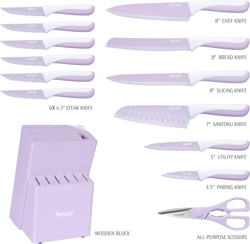 hecef 15 Pieces Kitchen Knife Set with Built-in Sharpening Wooden Block, Dishwasher Safe, High Carbon Stainless Steel Knife Block Set with Steak Knives, Kitchen Scissors, Purple - Image 2