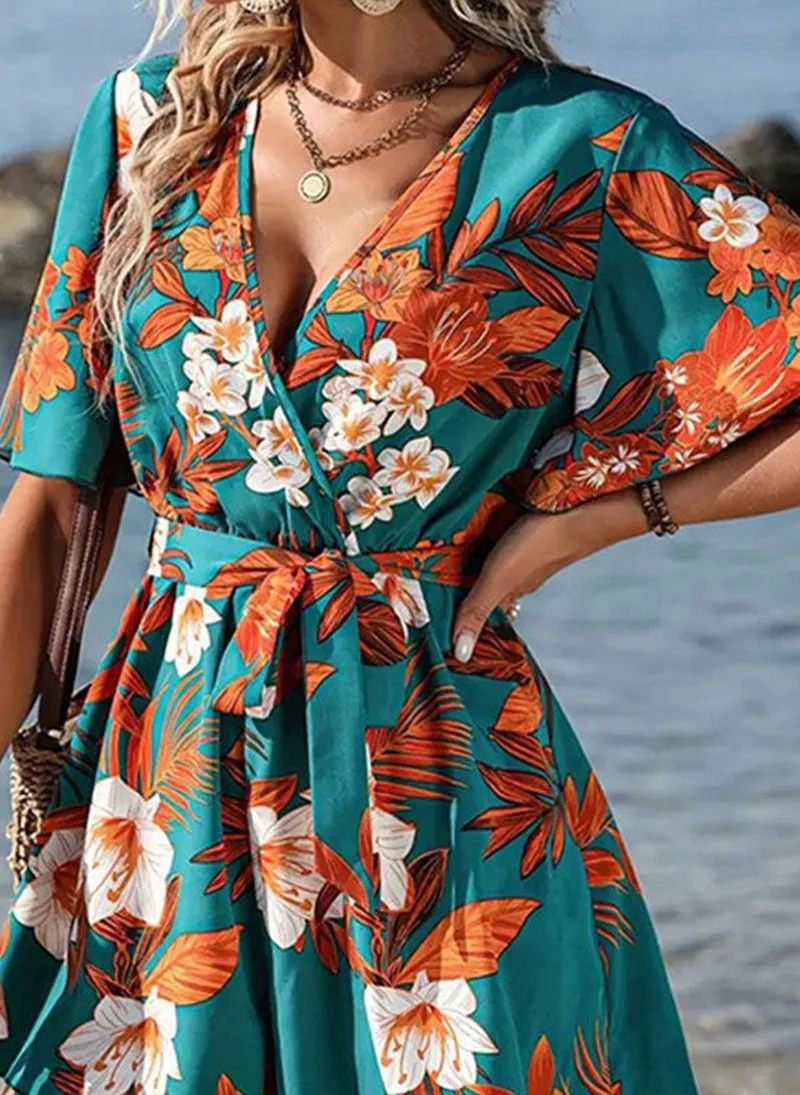 يونيكي Green Abstract Print Fit and Flare Dress
