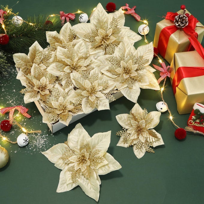 24 PCS 69 LARGE SIZE POINSETTIA ARTIFICIAL CHRISTMAS FLOWERS DECORATIONS FOR CHRISTMAS TREE BOXED CHRISTMAS ORNAMENTS FLOWERS GLITTER PICKS FOR XMAS NEW YEAR DECOR WITH CLIPSSTICKSGOLD