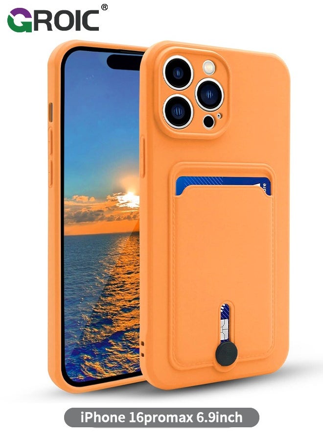 GROIC - iPhone 16 Pro Max Orange Silicone Case with Card Holder, Frosted TPU Soft Case Wallet with Card Slot Shockproof Full Coverage Lens Protective Cover - Image 1