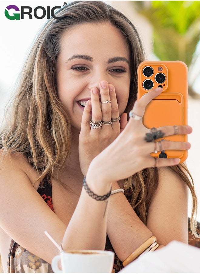GROIC - iPhone 16 Pro Max Orange Silicone Case with Card Holder, Frosted TPU Soft Case Wallet with Card Slot Shockproof Full Coverage Lens Protective Cover - Image 1