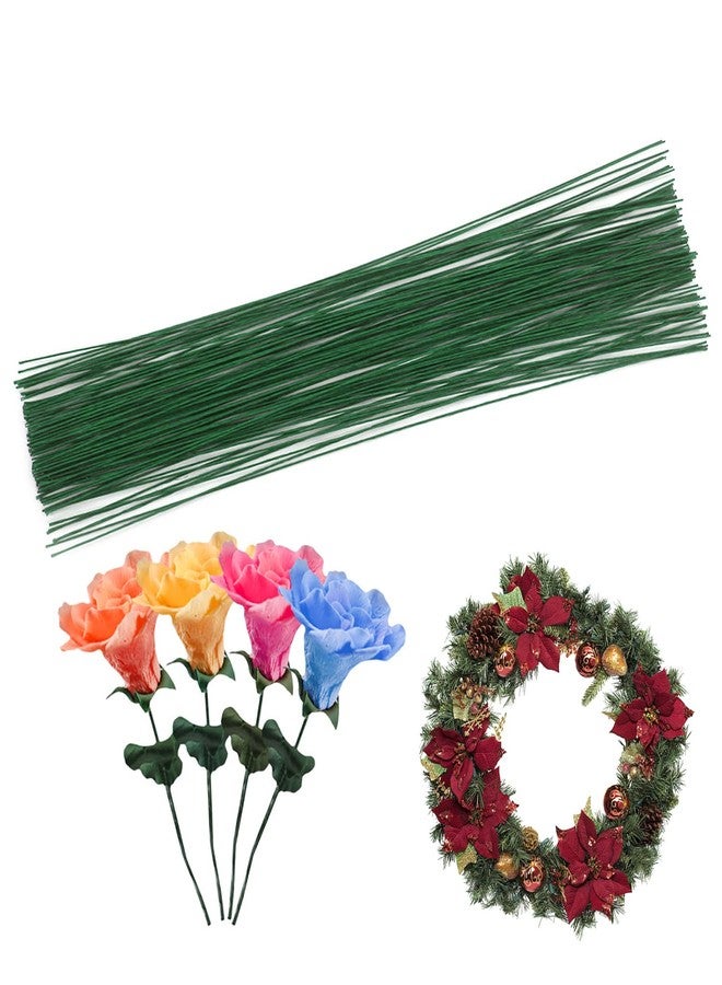 Cinvo Stem Wire - 100 Counts Floral Paper Wrapped Wire, 14 Inch, 22 Gauge, Dark Green - Image 1