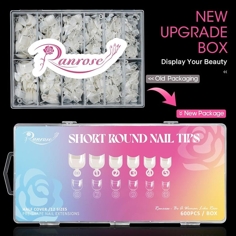 Ranrose 600pcs Short Nail Tips- Oval Half Cover False Tips 12 Sizes French Acrylic Nails for DIY Nail Salon - Image 2