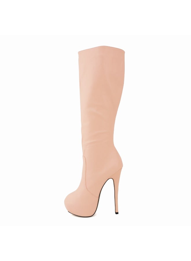 Loquat Faux leather ultra-high heel leg-slimming round-toe knee-high women's boots Heel height: 14cm, platform height: 4cm Pink - Image 2