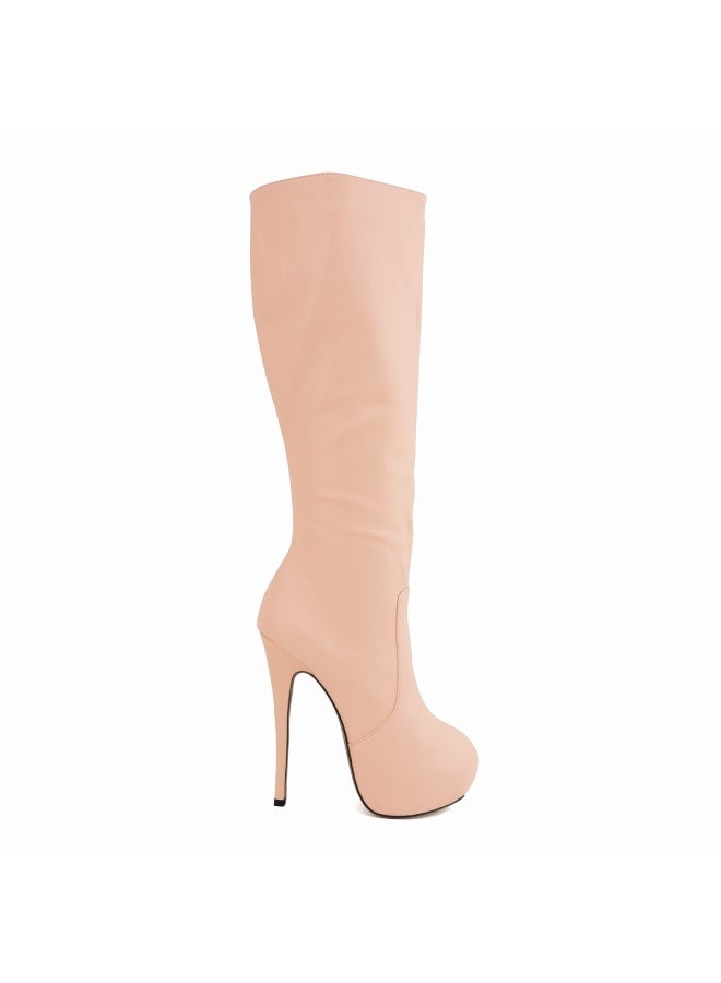 Loquat Faux leather ultra-high heel leg-slimming round-toe knee-high women's boots Heel height: 14cm, platform height: 4cm Pink - Image 1