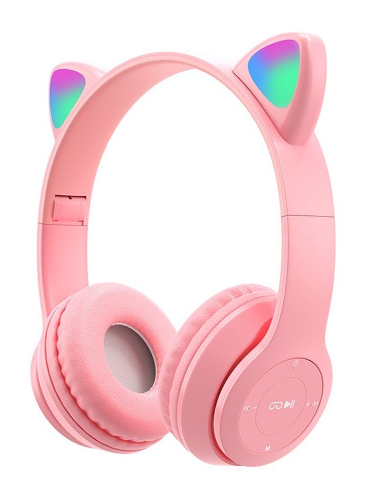 Wireless Bluetooth Headset with Microphone for Kids and Adults (P47M (CAT, Stereo, Cat Ear LED Light Up TF Card Slot- Wireless Foldable Headphones for Girls Boys