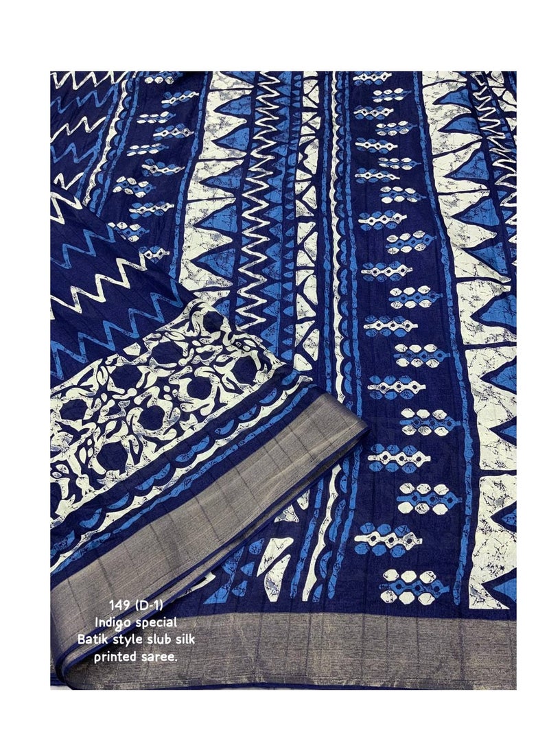 Grab Mantra Indigo Blue Soft Silk Slub Woven Saree With ZigZag Batik Print Design Comes With Unstitched Blouse  - Image 2