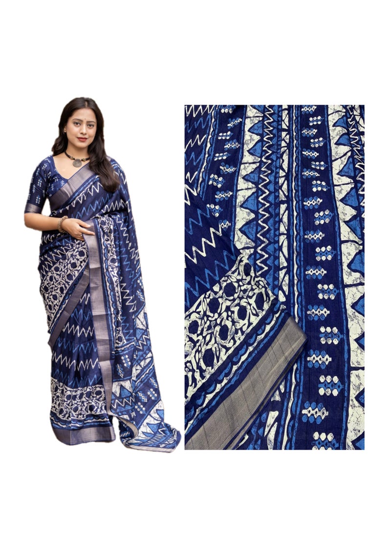 Grab Mantra Indigo Blue Soft Silk Slub Woven Saree With ZigZag Batik Print Design Comes With Unstitched Blouse  - Image 1