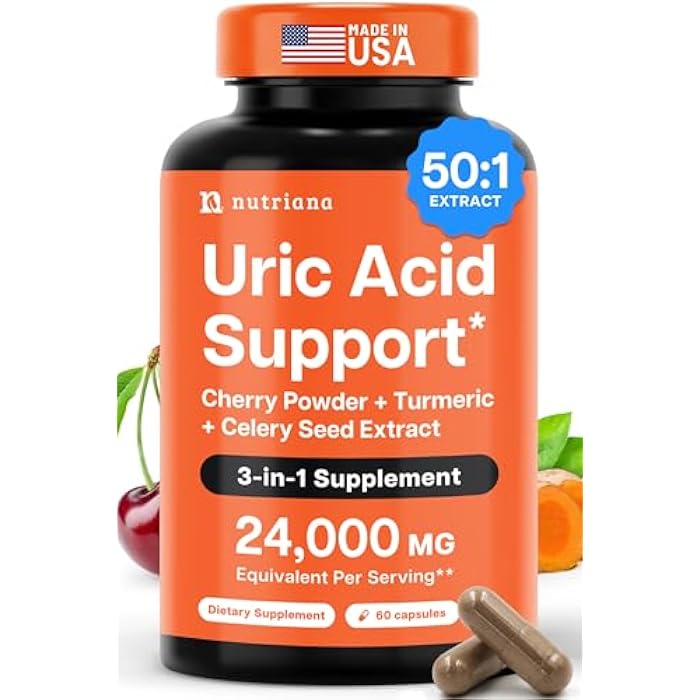 Nutriana 3 in 1 Uric Acid Flush Cleanse – Tart Cherry Extract with Turmeric & Celery Seed Supplement Purge - Feet and Joint Support - 60 Veggie Capsules - Image 1