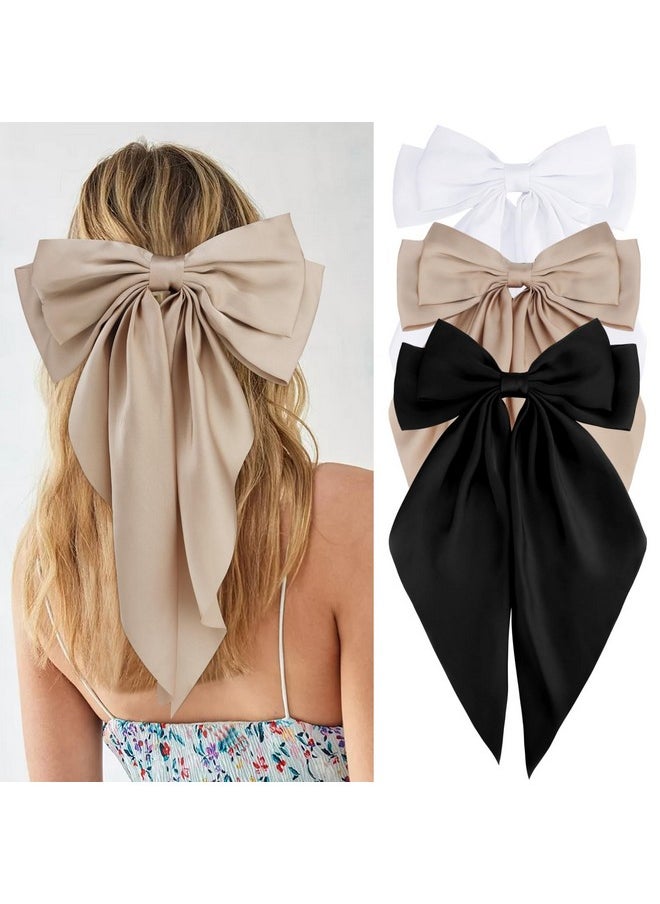 Velscrun Velscrun 3Pcs Women's Hair Accessories Gifts: White, Black, and Khaki Oversized Satin Hair Bows with Long Tails, Barrettes, and Clips for Girls  - Image 1