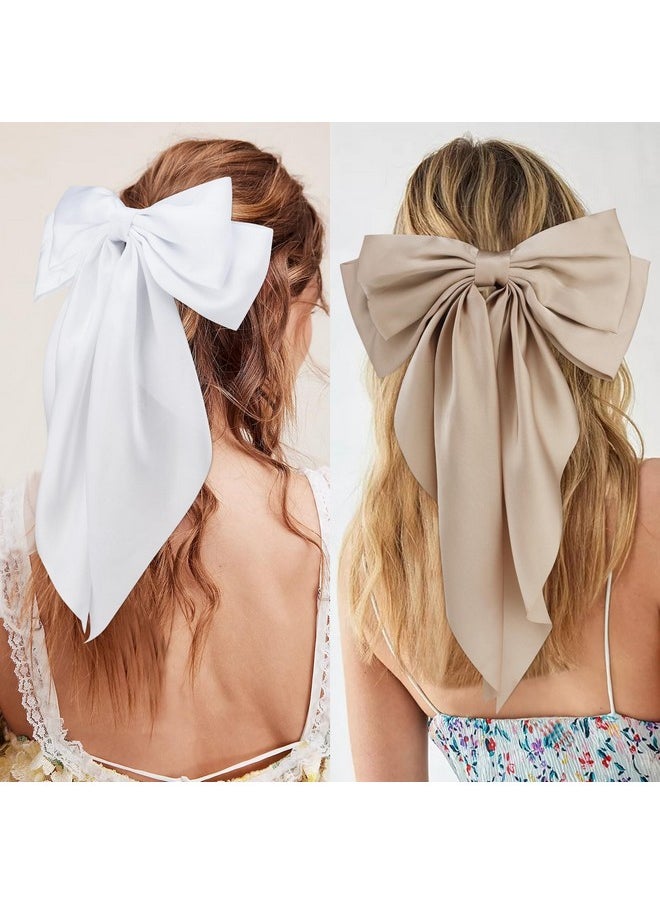 Velscrun Velscrun 3Pcs Women's Hair Accessories Gifts: White, Black, and Khaki Oversized Satin Hair Bows with Long Tails, Barrettes, and Clips for Girls  - Image 5