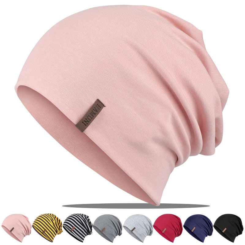 HAMUNI Slouchy Beanie for Women Cotton Beanies Hats Men Lightweight Soft Chemo Headwear Warm Skull Cap for All Seasons Pink - Image 1