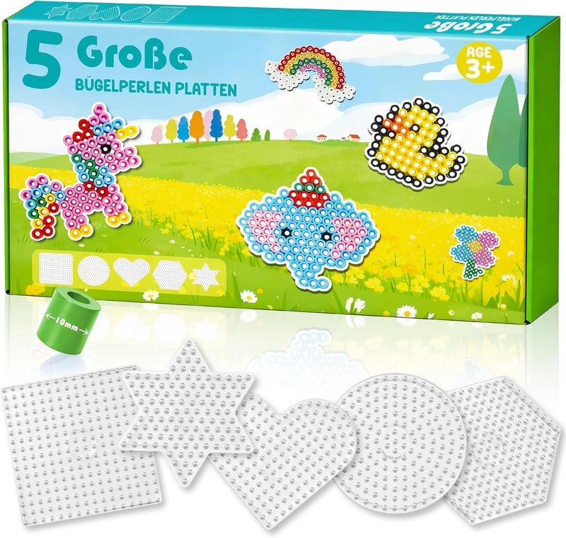 FUNZBO Iron-On Beads Plates Set of 5 for 10 mm Beads - Large Pegboards Transparent in Various Shapes for Toddlers & Beginners - Creative Craft Set for DIY Motor Skills Toys - Image 1