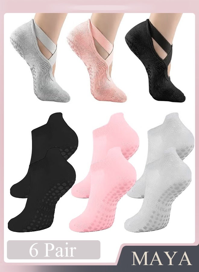 Maya 6 Pairs Non-Slip Yoga Socks Set For Women 2 Designed 3 Colors, Barre Elastic Workout Pilates Yoga Socks For Yoga Sports Gym Home Barefoot Exercises Dance Ballet - Image 1