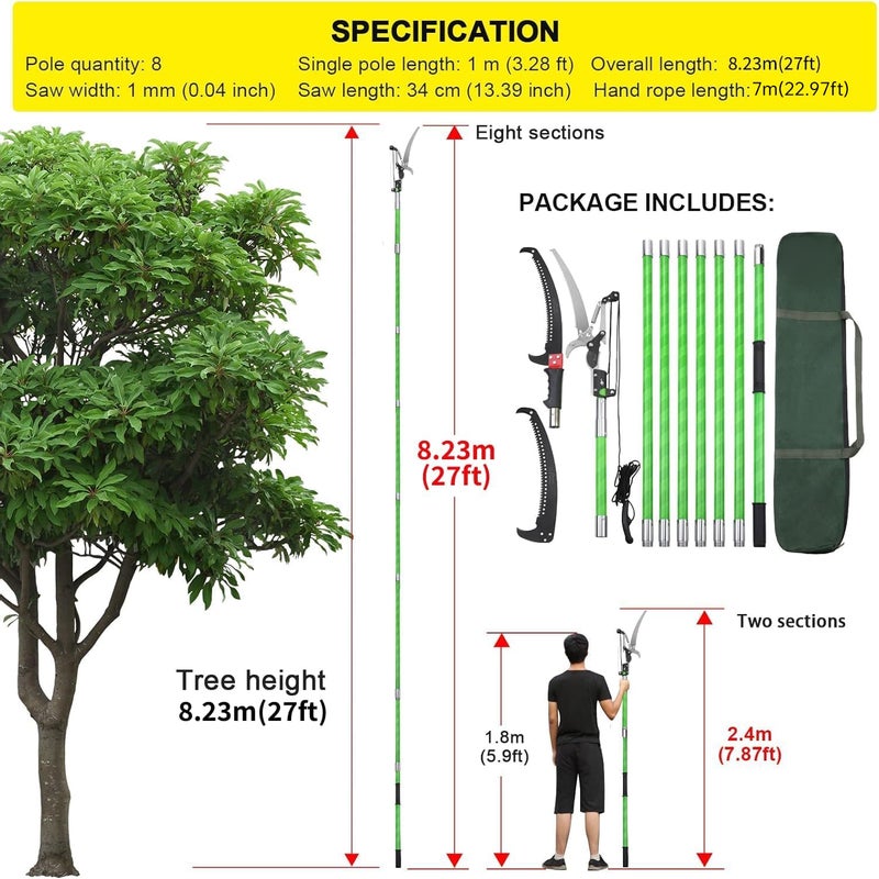 Likeem 27 Feet Tree Pole Pruner Manual Branches Trimmer Tree Branch Garden Tools Loppers Hand Pole Saws Extendable Height Adustable System for Sawing and Shearing - Image 2