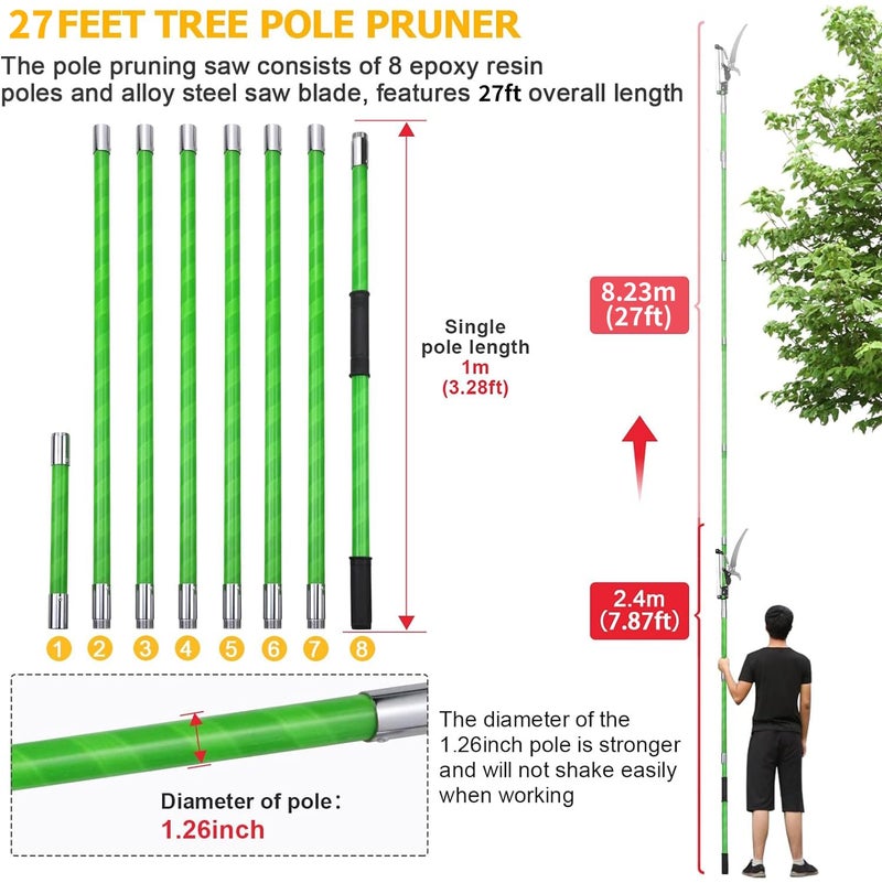 Likeem 27 Feet Tree Pole Pruner Manual Branches Trimmer Tree Branch Garden Tools Loppers Hand Pole Saws Extendable Height Adustable System for Sawing and Shearing - Image 4
