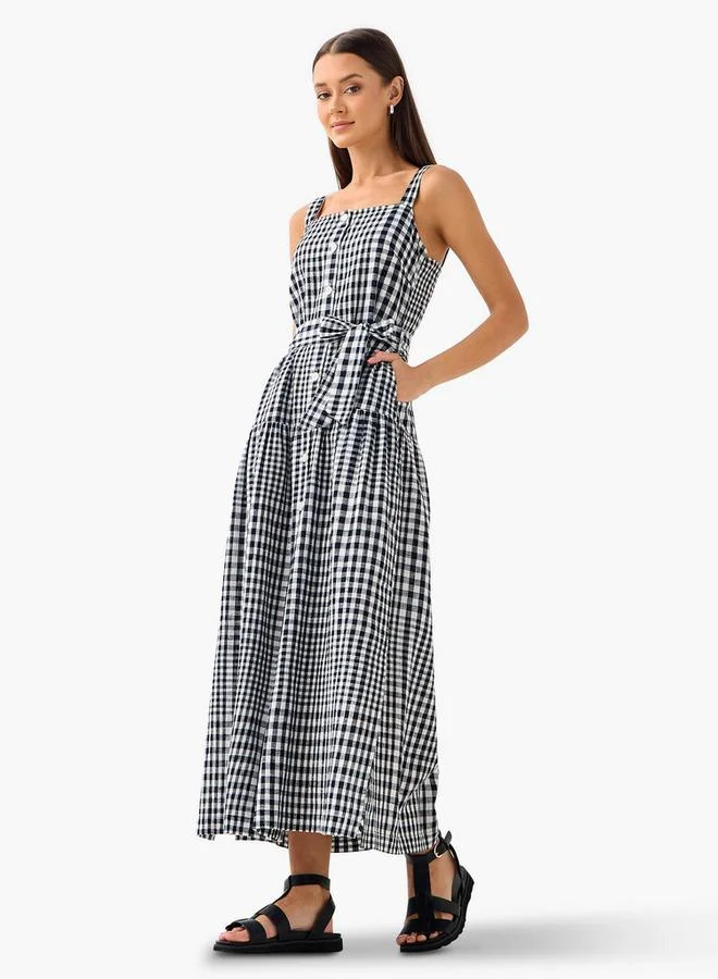 Lee Cooper Lee Cooper Checked Sleeveless Tiered Dress with Square Neck