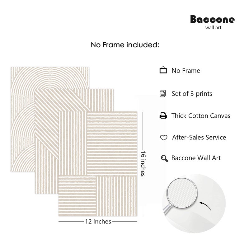 Baccone Beige Abstract Wall Art Pictures Set of 3 Boho Modern Canvas Wall Decor Neutral Line Wall Art Minimalist Art Abstract Beige Prints Painting Modern Artwork for Living Room Bedroom 12x16 Inch Unframed - Image 2