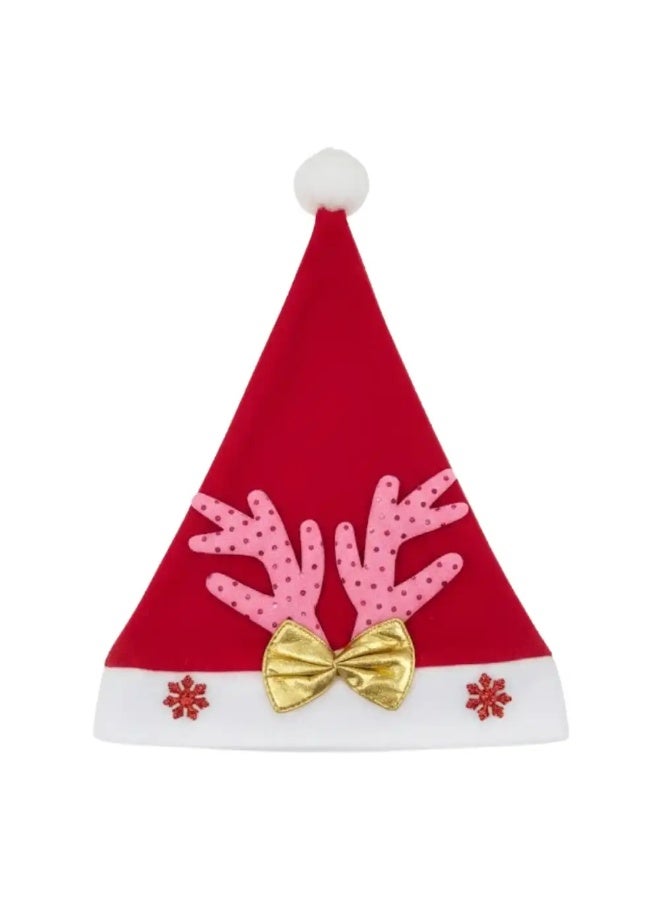 قبعة سانتا كلوز الناعمة لعيد الميلاد مع bow ذهبي وقرون وردية لحفلة عيد الميلاد