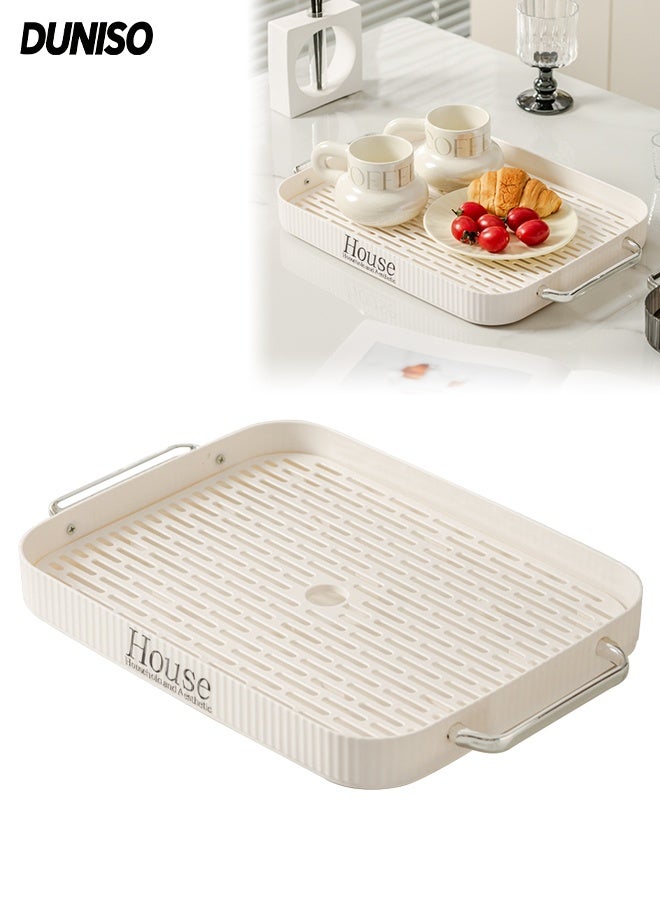 DUNISO Tea Tray，Modern Serving Tray with Handles，Rectangular Decorative Serving Tray with Detachable Drain Partition，for Kitchen, Restaurant, Weddings, and Banquets - Image 1