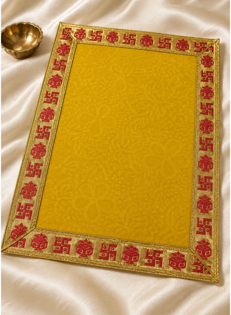Madhoor Velvet Swastik Kalash Decorative Pooja Aasan Yellow for Pooja, Deity Idol Placement & Home Temples, 9 x 13 Inches - Image 2