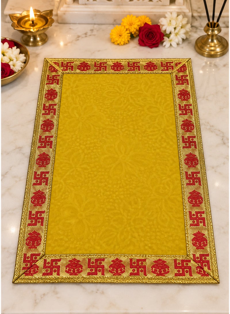 Madhoor Velvet Swastik Kalash Decorative Pooja Aasan Yellow for Pooja, Deity Idol Placement & Home Temples, 9 x 13 Inches - Image 1