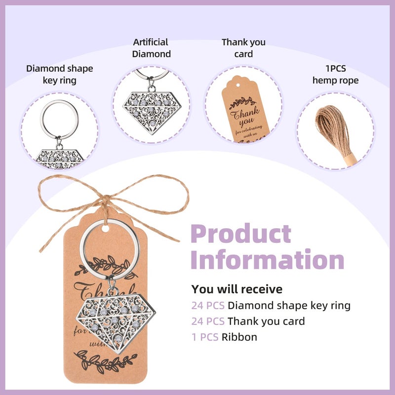 Wxzumg 24 PCS Siliver Diamond Shape Keychain Diamond Ring Key Chains for Party Decoration Wedding Souvenirs Key Rings for Bridal Shower Wedding Return Gift Souvenirs for Guests Theme Party Decorations - Image 3