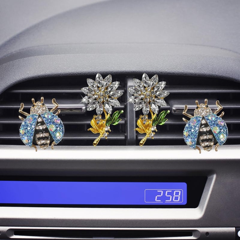 LHDOS 4PCS Bling Ladybug Flower Car Air Freshener Vent Clips, Crystal Rhinestone Car Diffuser Air Vent Clip, Cute Air Conditioner Outlet Clip Charm, Car Interior Decorations for Women Girls (Silver/Blue) - Image 1