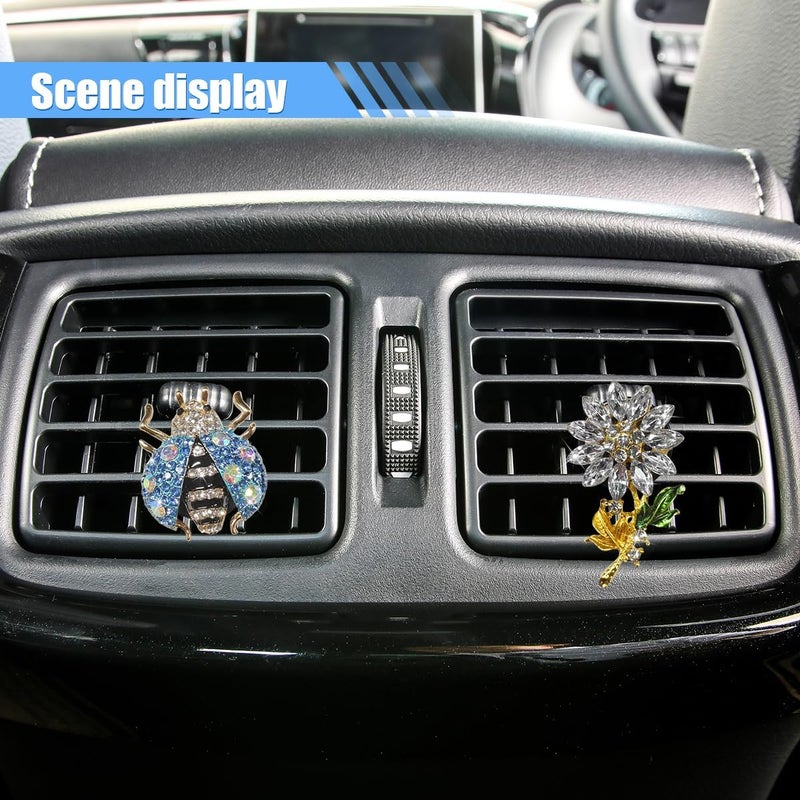 LHDOS 4PCS Bling Ladybug Flower Car Air Freshener Vent Clips, Crystal Rhinestone Car Diffuser Air Vent Clip, Cute Air Conditioner Outlet Clip Charm, Car Interior Decorations for Women Girls (Silver/Blue) - Image 4