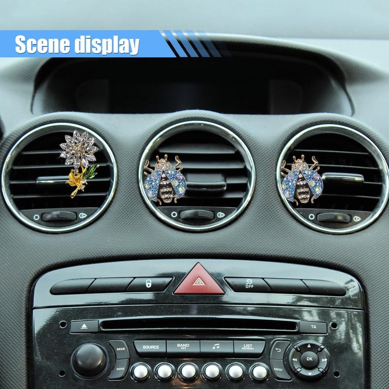LHDOS 4PCS Bling Ladybug Flower Car Air Freshener Vent Clips, Crystal Rhinestone Car Diffuser Air Vent Clip, Cute Air Conditioner Outlet Clip Charm, Car Interior Decorations for Women Girls (Silver/Blue) - Image 3
