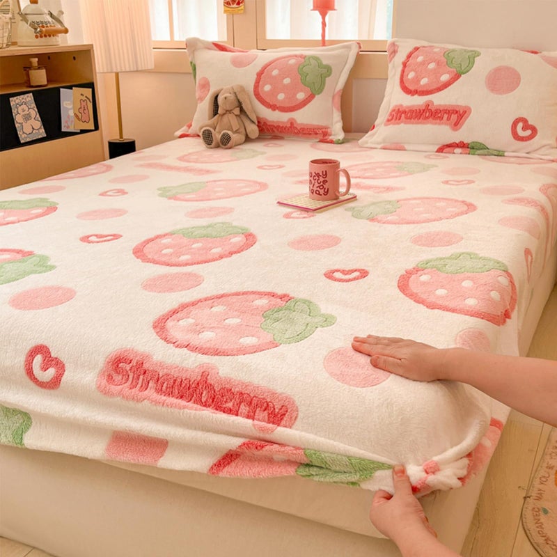 MorroMorn Fleece Fitted Sheet Twin XL Only, Super Soft Plush Bottom Sheet with 20" Deep Pocket, Kawaii Cute for Girls Kids Teen Dorm Back to School, No Pillowcases (Pink Strawberry, Twin XL Size) - Image 1