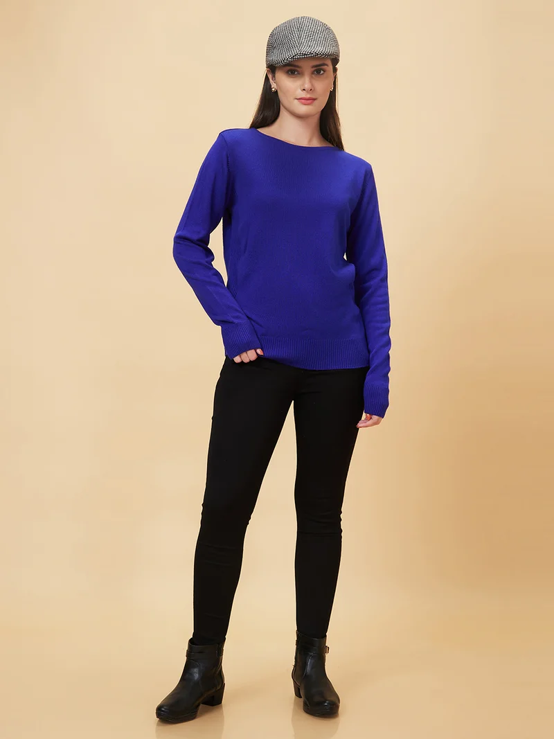 جلو باص بلوفر نسائي جلوبس أزرق بياقة مستديرة من الأكريليك